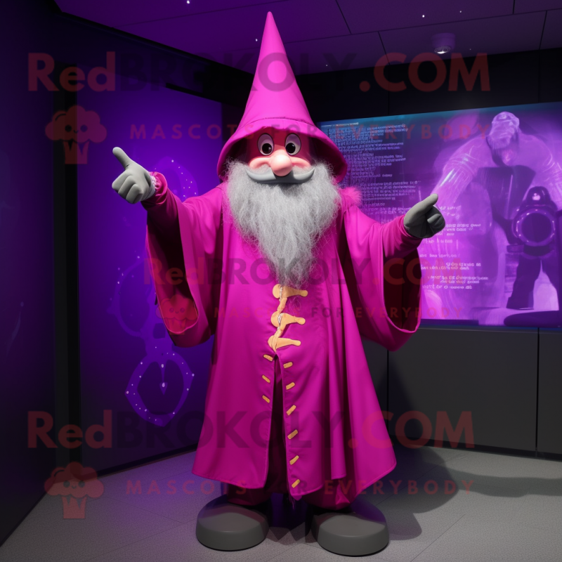 Magenta Wizard mascot costume character dressed with a Raincoat and Belts