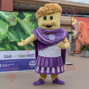 Purple Caesar Salad mascot costume character dressed with a Wrap Dress and Messenger bags