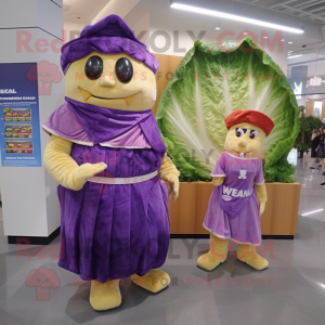 Purple Caesar Salad mascot costume character dressed with a Wrap Dress and Messenger bags