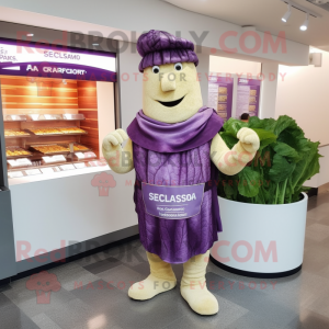 Purple Caesar Salad mascot costume character dressed with a Wrap Dress and Messenger bags