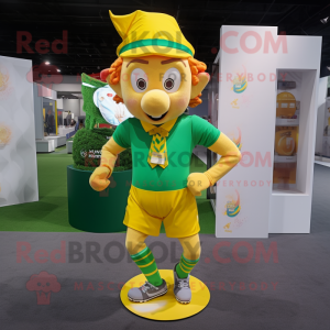 Yellow Leprechaun Hat mascot costume character dressed with a Running Shorts and Rings