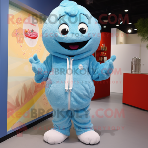 Sky Blue Raspberry mascot costume character dressed with a Hoodie and Brooches