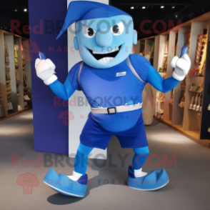 Blue Knife Thrower mascot costume character dressed with a Running Shorts and Messenger bags