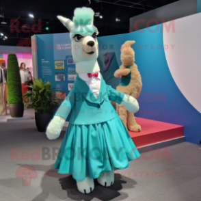 Cyan Llama mascot costume character dressed with a Shift Dress and Pocket squares